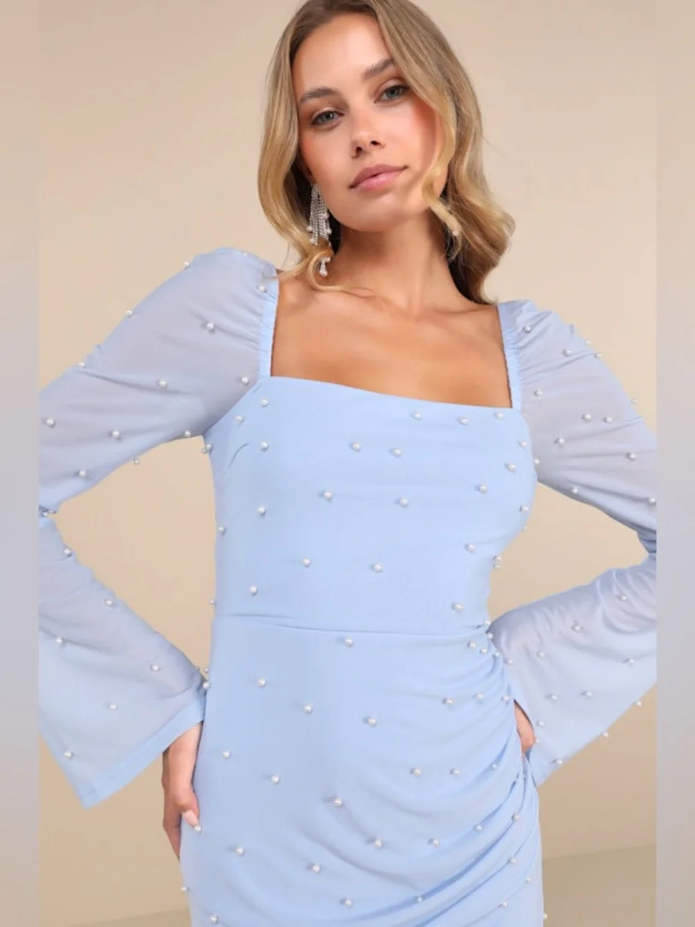 LULU'S Flirty Luxury Light Blue Mesh Pearl Long Sleeve Mini Dress